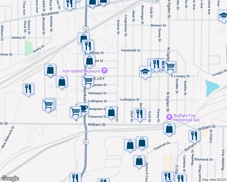 map of restaurants, bars, coffee shops, grocery stores, and more near 110 Hennepin Street in Buffalo