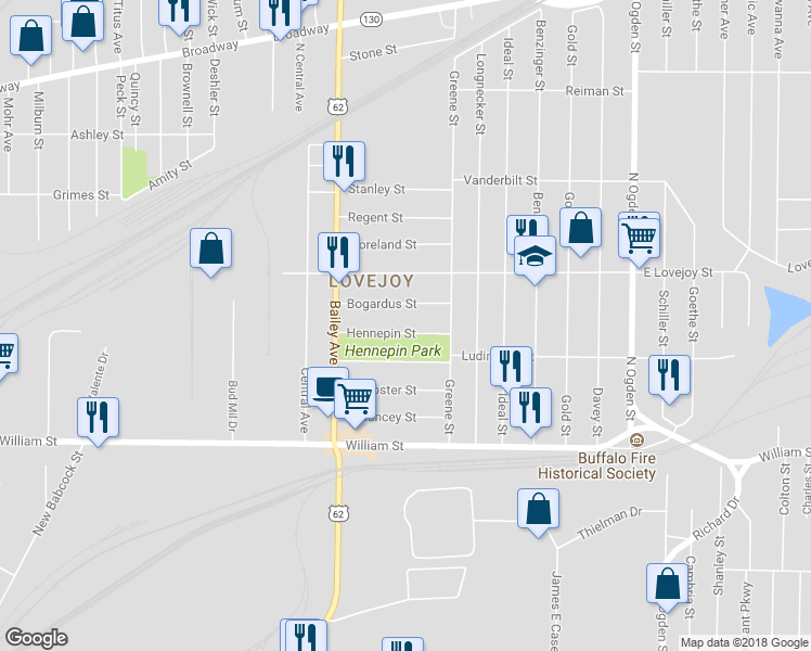 map of restaurants, bars, coffee shops, grocery stores, and more near 72 Hennepin Street in Buffalo