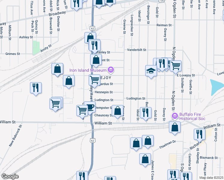 map of restaurants, bars, coffee shops, grocery stores, and more near 74 Hennepin Street in Buffalo