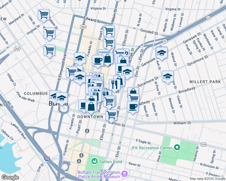 map of restaurants, bars, coffee shops, grocery stores, and more near Ellicott Street & East Huron Street in Buffalo