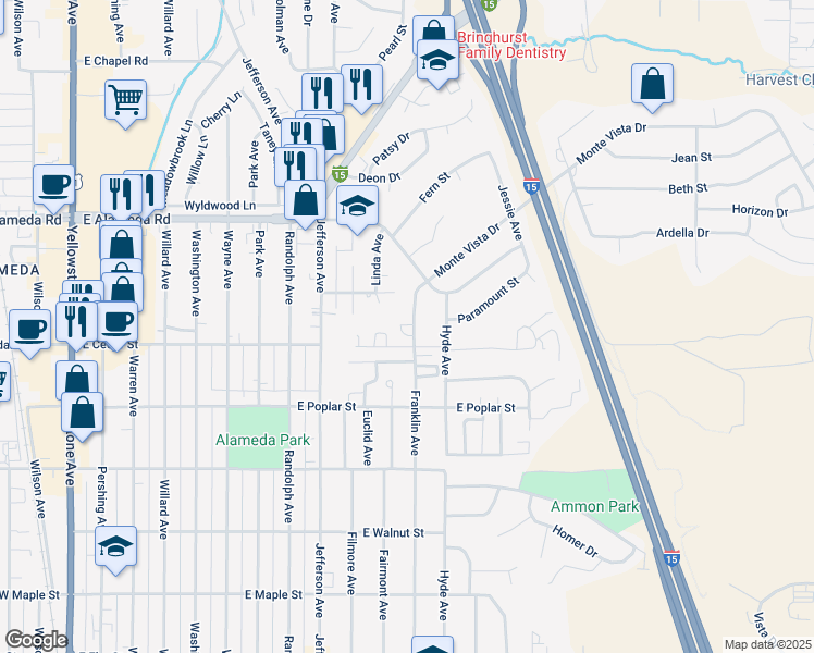 map of restaurants, bars, coffee shops, grocery stores, and more near 1108 East Cedar Street in Pocatello