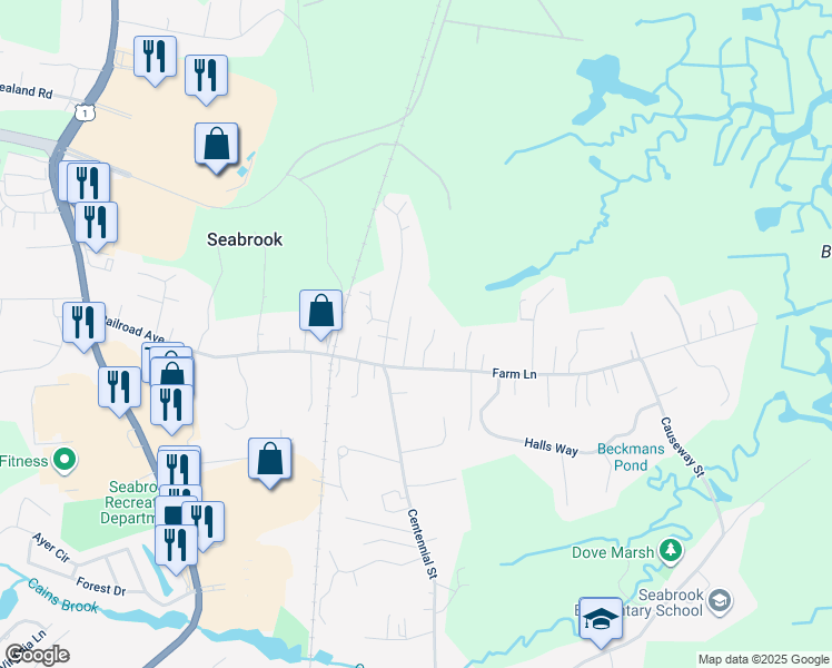 map of restaurants, bars, coffee shops, grocery stores, and more near 10 Acorn Drive in Seabrook