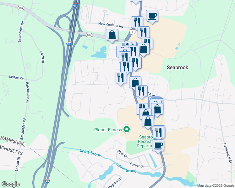 map of restaurants, bars, coffee shops, grocery stores, and more near 4 Autumn Way in Seabrook