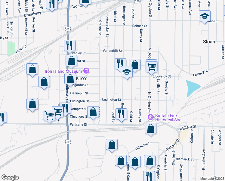 map of restaurants, bars, coffee shops, grocery stores, and more near 121 Ideal Street in Buffalo