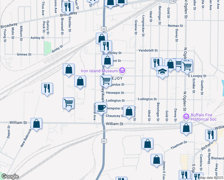 map of restaurants, bars, coffee shops, grocery stores, and more near 30 Hennepin Street in Buffalo