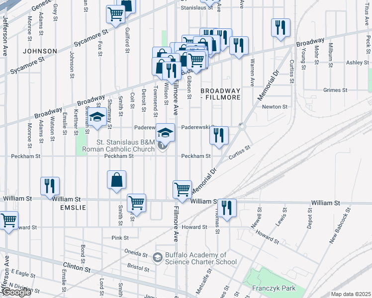 map of restaurants, bars, coffee shops, grocery stores, and more near 86 Gibson Street in Buffalo