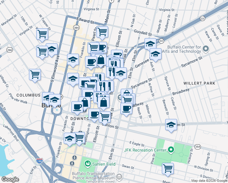 map of restaurants, bars, coffee shops, grocery stores, and more near 260 Oak Street in Buffalo