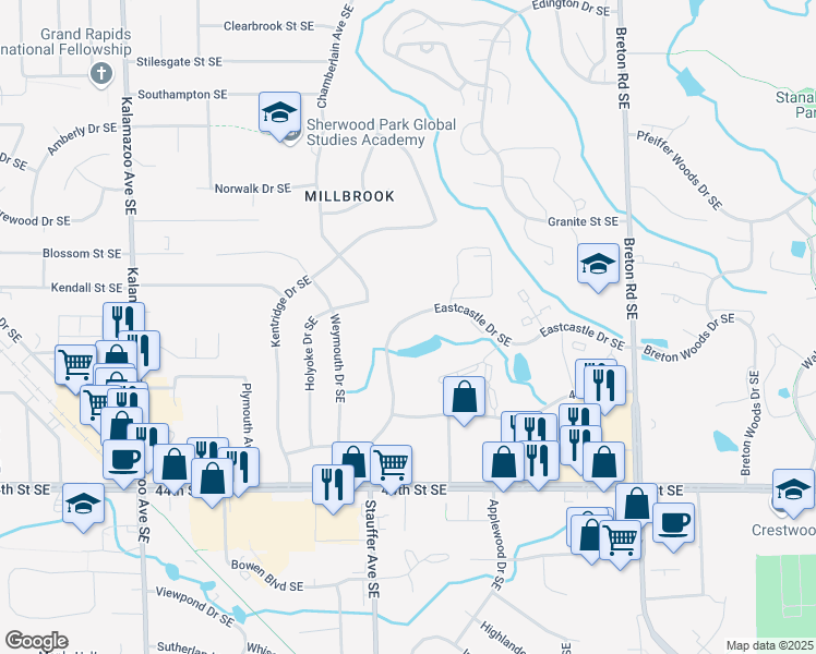 map of restaurants, bars, coffee shops, grocery stores, and more near 2072 Eastcastle Drive Southeast in Grand Rapids