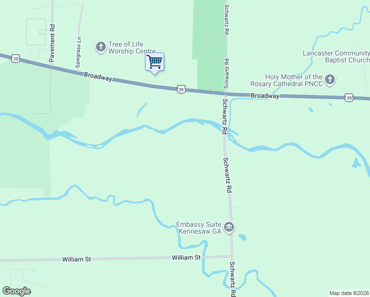 map of restaurants, bars, coffee shops, grocery stores, and more near 6026 Broadway in Lancaster