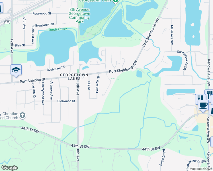 map of restaurants, bars, coffee shops, grocery stores, and more near 672 Port Sheldon Street Southwest in Grandville