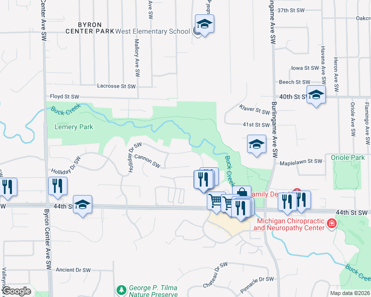 map of restaurants, bars, coffee shops, grocery stores, and more near 1838 Holliday Drive Southwest in Wyoming