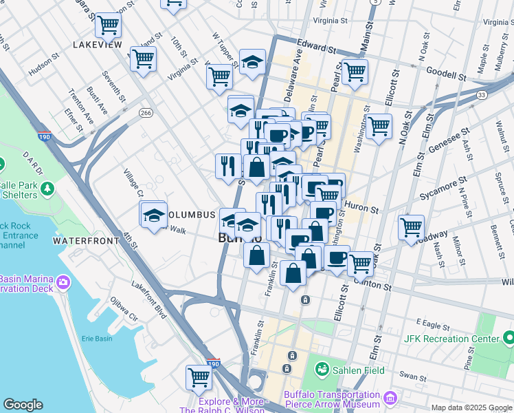 map of restaurants, bars, coffee shops, grocery stores, and more near 138 Delaware Avenue in Buffalo