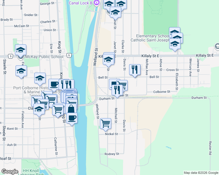 map of restaurants, bars, coffee shops, grocery stores, and more near 355 Fares Street in Port Colborne