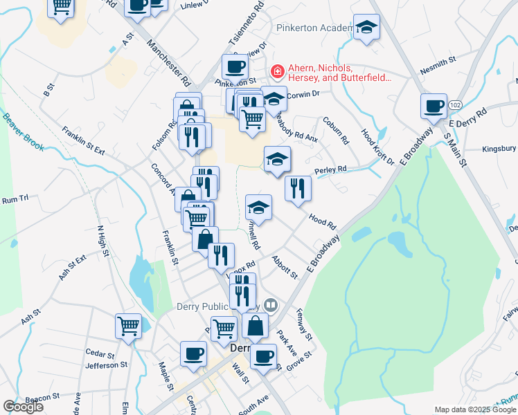 map of restaurants, bars, coffee shops, grocery stores, and more near 30 Mount Pleasant Street in Derry