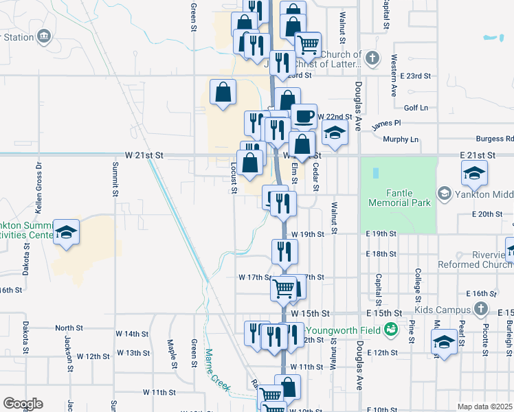 map of restaurants, bars, coffee shops, grocery stores, and more near 503 West 20th Street in Yankton