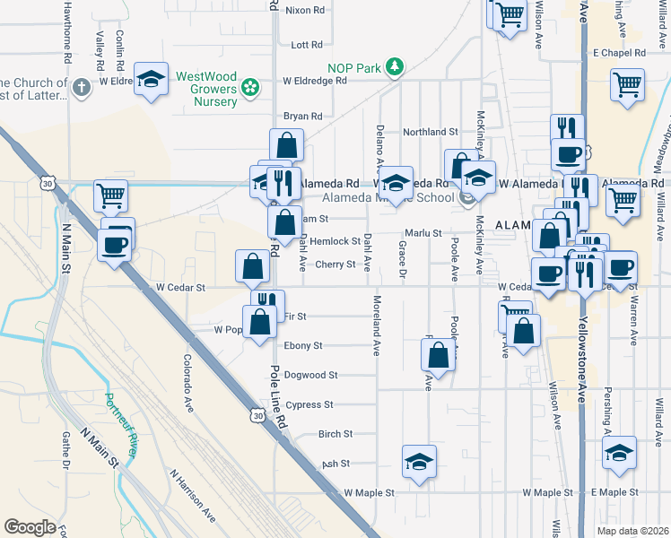 map of restaurants, bars, coffee shops, grocery stores, and more near 745 Cherry Street in Pocatello