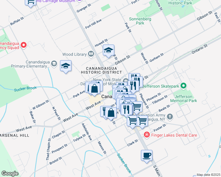 map of restaurants, bars, coffee shops, grocery stores, and more near 28 North Main Street in Canandaigua