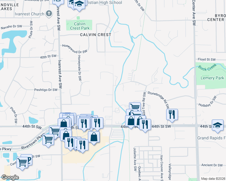 map of restaurants, bars, coffee shops, grocery stores, and more near 4150 Spartan Industrial Drive Southwest in Grandville