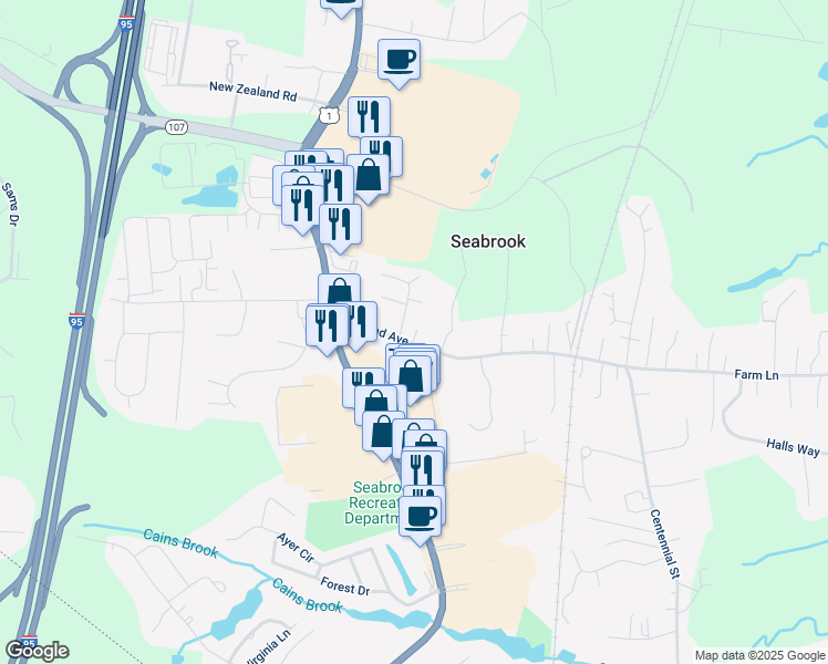 map of restaurants, bars, coffee shops, grocery stores, and more near 30 Railroad Avenue in Seabrook
