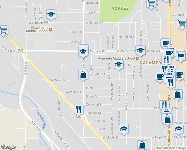 map of restaurants, bars, coffee shops, grocery stores, and more near 771 Cherry Street in Pocatello