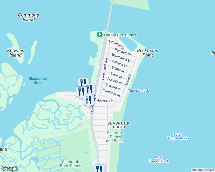 map of restaurants, bars, coffee shops, grocery stores, and more near 83 Pembroke Street in Seabrook