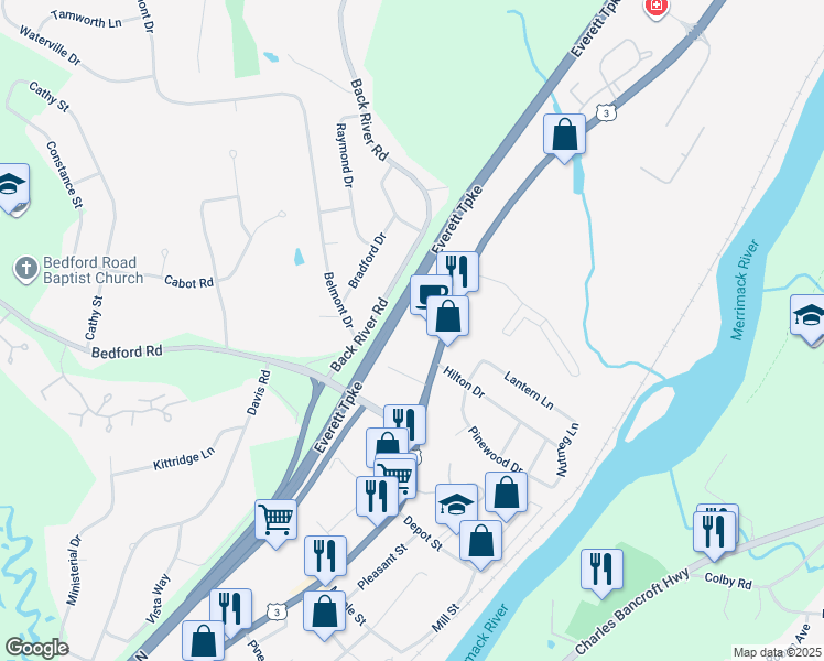 map of restaurants, bars, coffee shops, grocery stores, and more near 630 Daniel Webster Highway in Merrimack