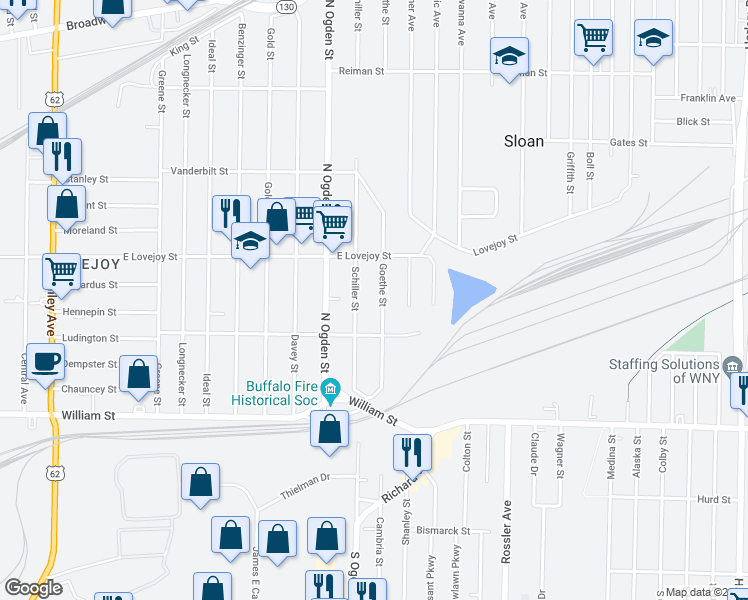map of restaurants, bars, coffee shops, grocery stores, and more near 113 Schiller Street in Buffalo