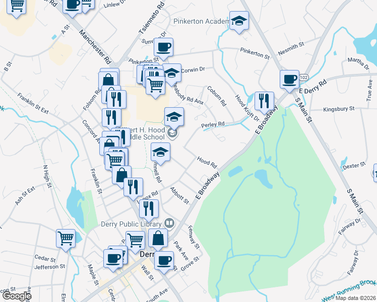 map of restaurants, bars, coffee shops, grocery stores, and more near 17 Mount Pleasant Street in Derry