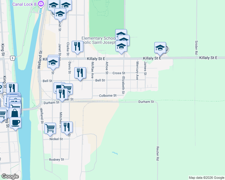 map of restaurants, bars, coffee shops, grocery stores, and more near 84 Colborne Street in Port Colborne