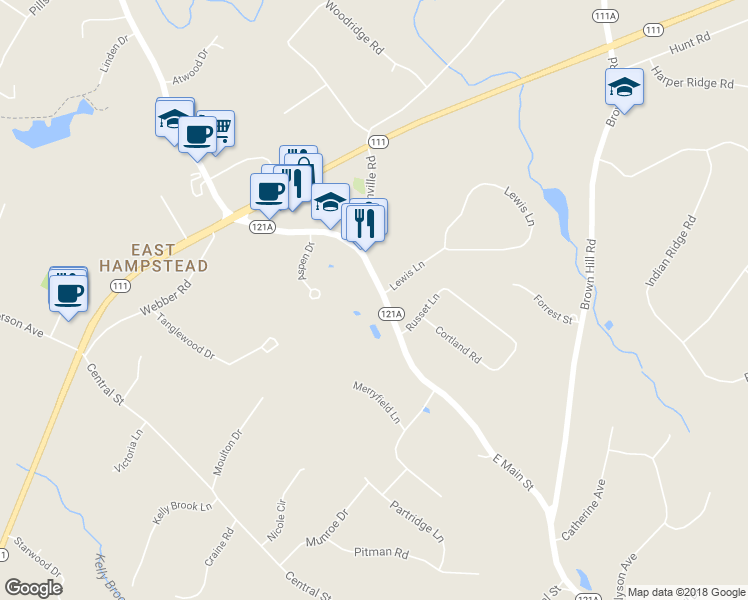 map of restaurants, bars, coffee shops, grocery stores, and more near 196 East Main Street in Hampstead