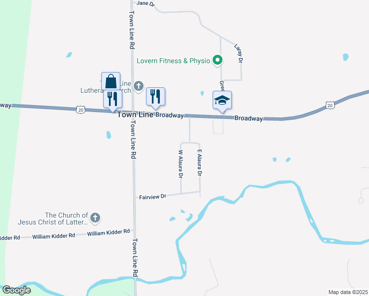 map of restaurants, bars, coffee shops, grocery stores, and more near 956 East Alaura Drive in Alden