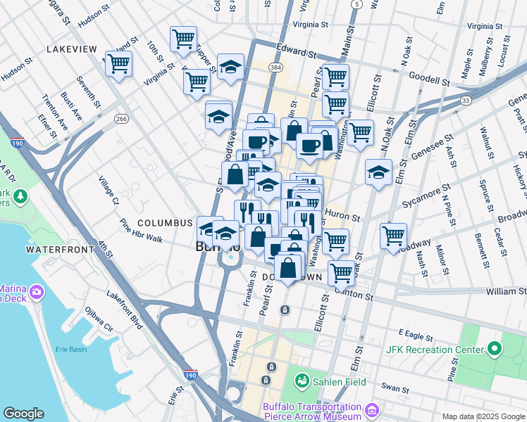 map of restaurants, bars, coffee shops, grocery stores, and more near 175 Franklin Street in Buffalo