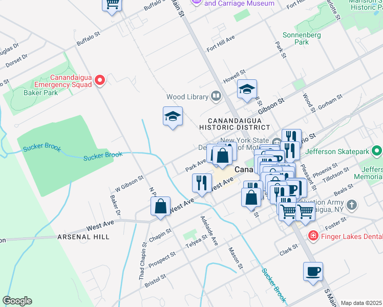 map of restaurants, bars, coffee shops, grocery stores, and more near 108 Park Avenue in Canandaigua