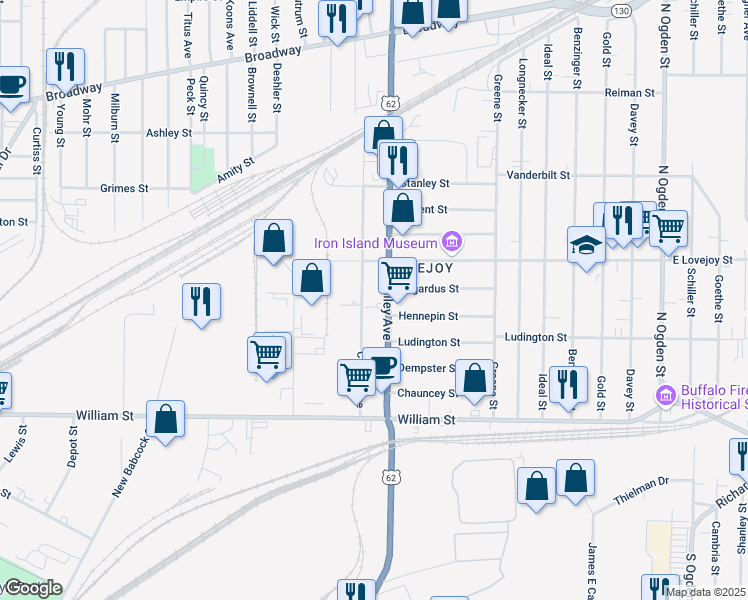map of restaurants, bars, coffee shops, grocery stores, and more near 1242 Bailey Avenue in Buffalo