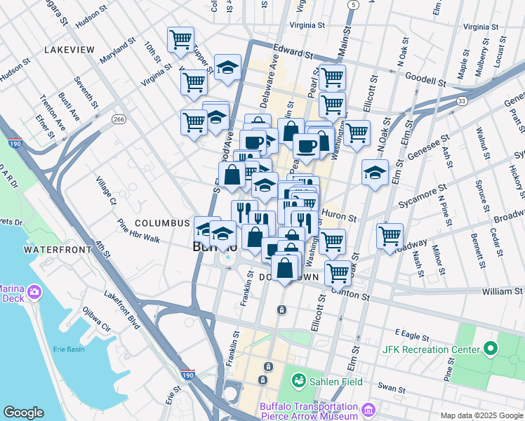 map of restaurants, bars, coffee shops, grocery stores, and more near 175 Franklin Street in Buffalo