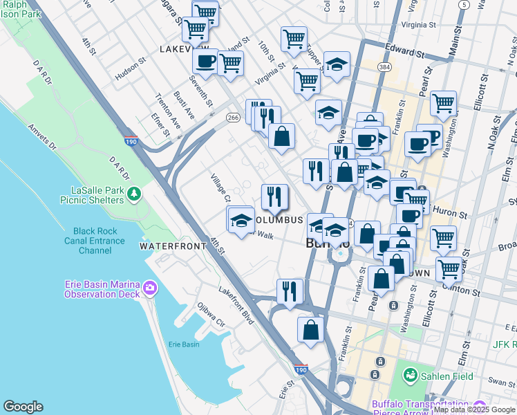 map of restaurants, bars, coffee shops, grocery stores, and more near 10 7th Street in Buffalo