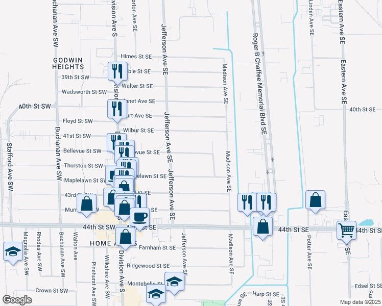 map of restaurants, bars, coffee shops, grocery stores, and more near 236 Bellevue Street Southeast in Grand Rapids