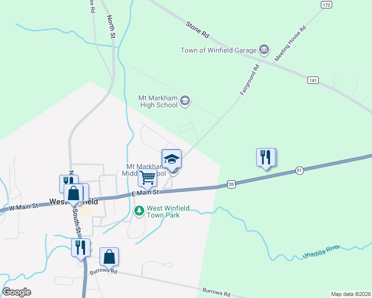 map of restaurants, bars, coffee shops, grocery stores, and more near 518 Fairground Road in West Winfield
