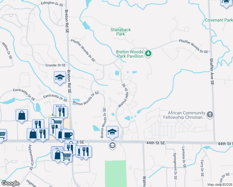 map of restaurants, bars, coffee shops, grocery stores, and more near 4141 Walnut Hills Drive Southeast in Kentwood