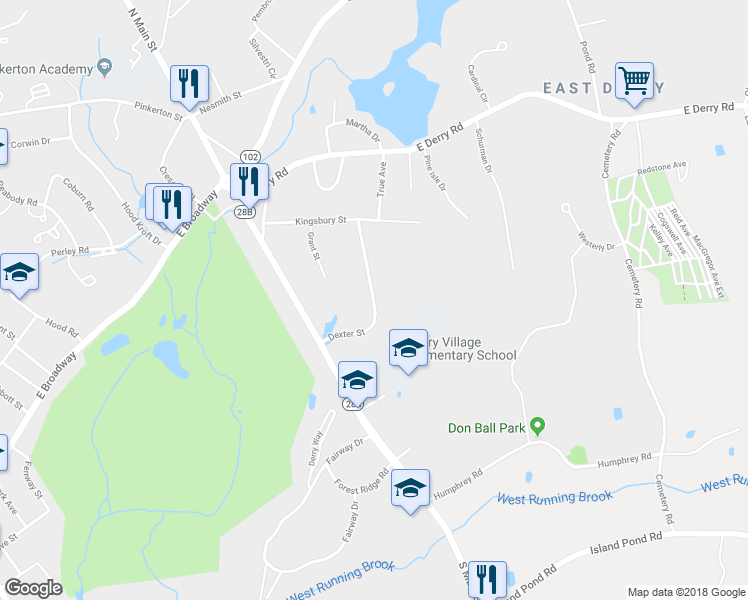 map of restaurants, bars, coffee shops, grocery stores, and more near 18 Dexter Street in Derry