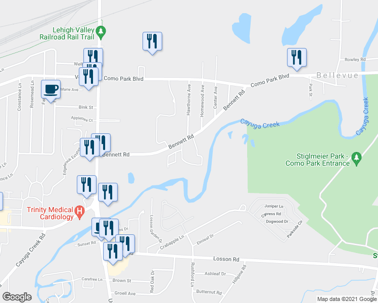 map of restaurants, bars, coffee shops, grocery stores, and more near 229 Bennett Road in Cheektowaga