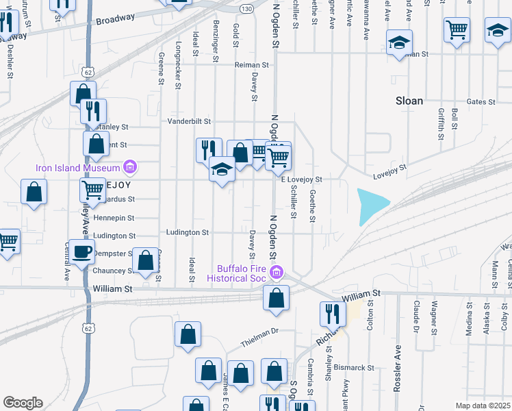 map of restaurants, bars, coffee shops, grocery stores, and more near 139 Davey Street in Buffalo