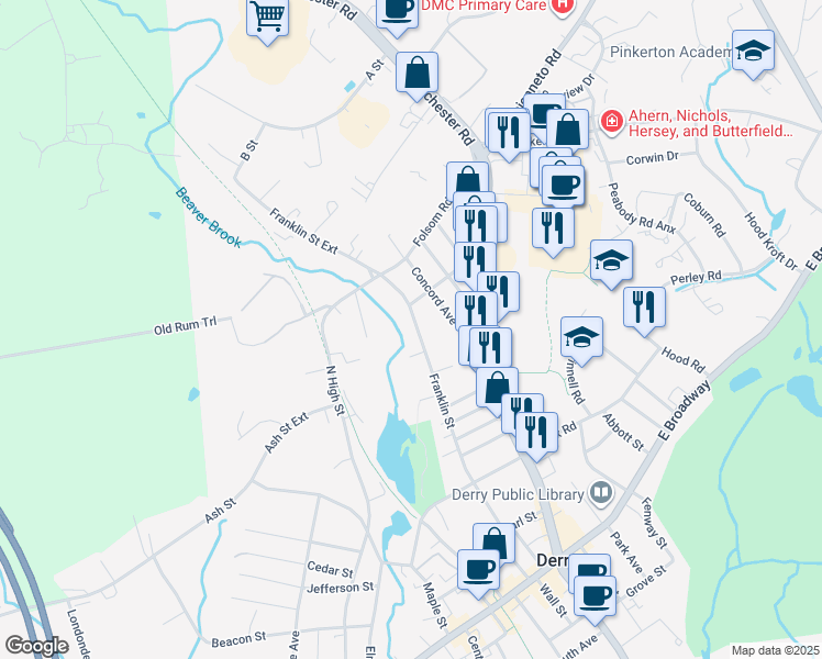 map of restaurants, bars, coffee shops, grocery stores, and more near 82 Franklin Street in Derry