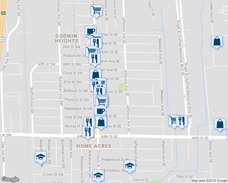 map of restaurants, bars, coffee shops, grocery stores, and more near 119 Bellevue Street Southeast in Wyoming