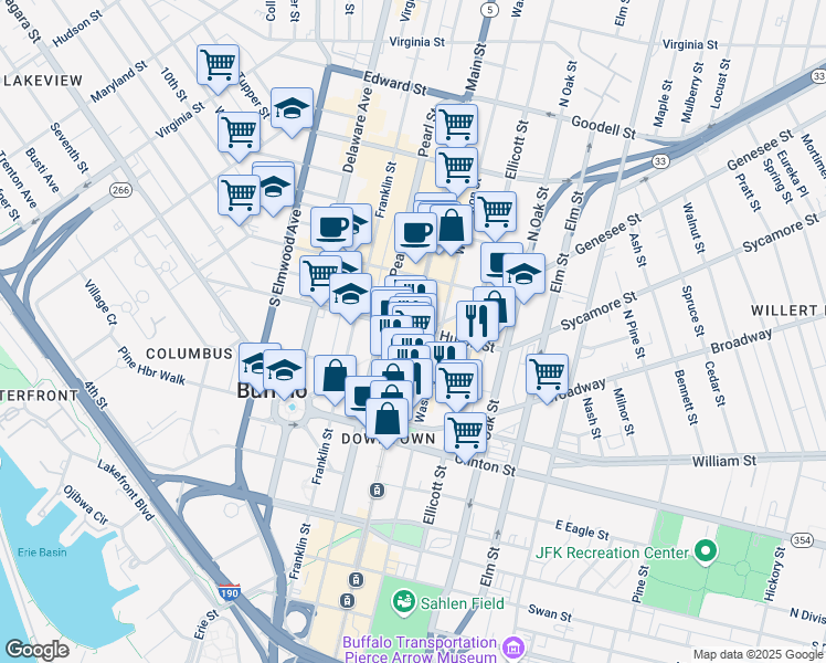 map of restaurants, bars, coffee shops, grocery stores, and more near 540 Main St in Buffalo