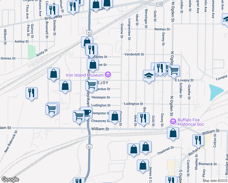 map of restaurants, bars, coffee shops, grocery stores, and more near 110 Hennepin Street in Buffalo