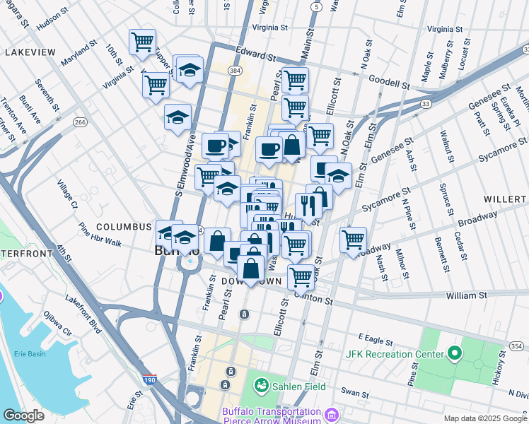 map of restaurants, bars, coffee shops, grocery stores, and more near 540 Main Street in Buffalo