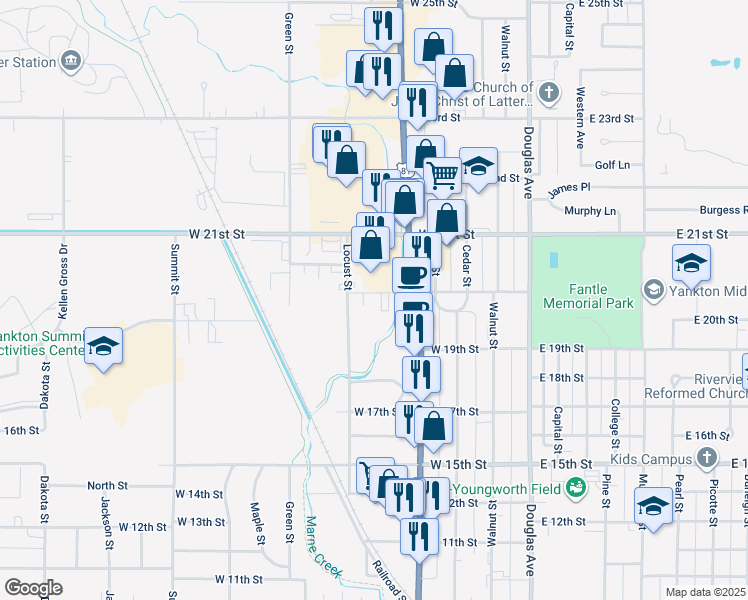 map of restaurants, bars, coffee shops, grocery stores, and more near 503 West 20th Street in Yankton