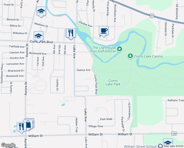 map of restaurants, bars, coffee shops, grocery stores, and more near 2237 Como Park Boulevard in Lancaster
