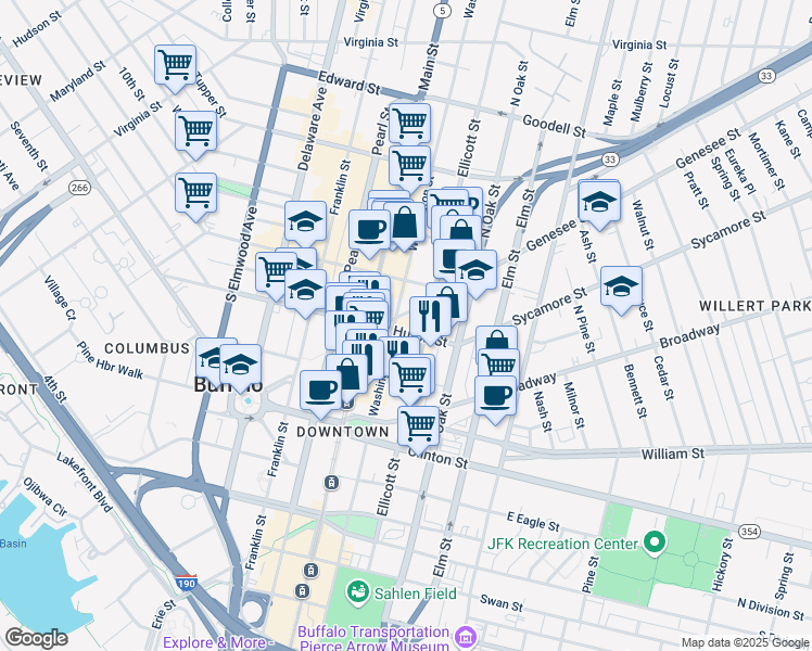 map of restaurants, bars, coffee shops, grocery stores, and more near 348 Ellicott Street in Buffalo